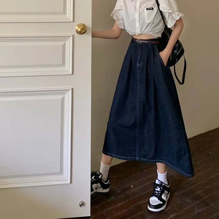 Женская джинсовая юбка средней длины летняя трапециевидная с высокой талией и