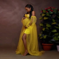 new arrival yello tulle flowers maternity dress to photo shoot off shoulder see thru long pregnant women gowns baby shower dress