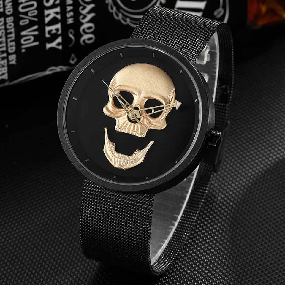 black skull watch Женские часы с черепом Мужские кварцевые наручные часы из нержавеющей стали для пары Женские Reloj гравированные Мужские Женские часы Relogio Masculino Мексика - Цвет: black skull watch