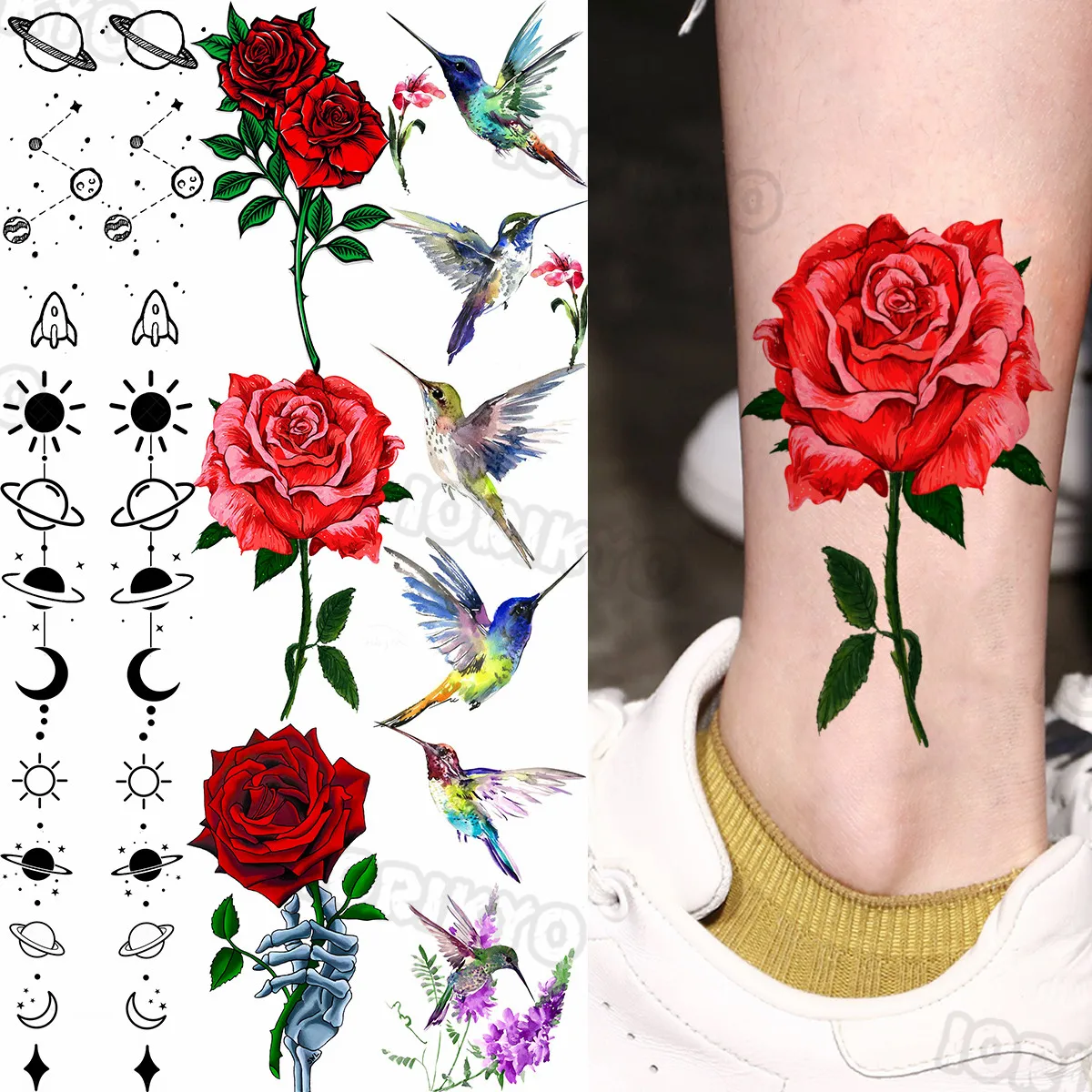 

Watercolor Rose Flower Temporary Tattoos For Women Girls Realistic Planet Moon Hummingbird Fake Tattoo Sticker Leg Tatoos Arm