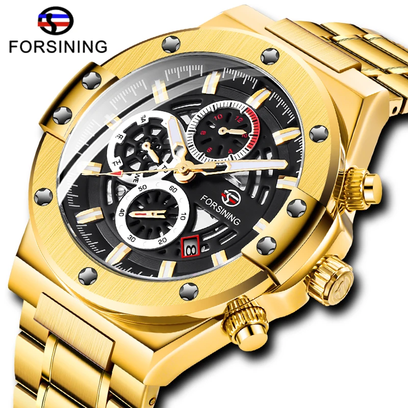 Роскошные мужские механические часы Forsining золотые из нержавеющей стали с