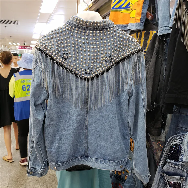 

Autumn New Woman Jacket Denim Coat Women's Loose Heavy Hand Bead Studded Rivet Chain Tassel Jackets Harajuku Jeans Coat Femme