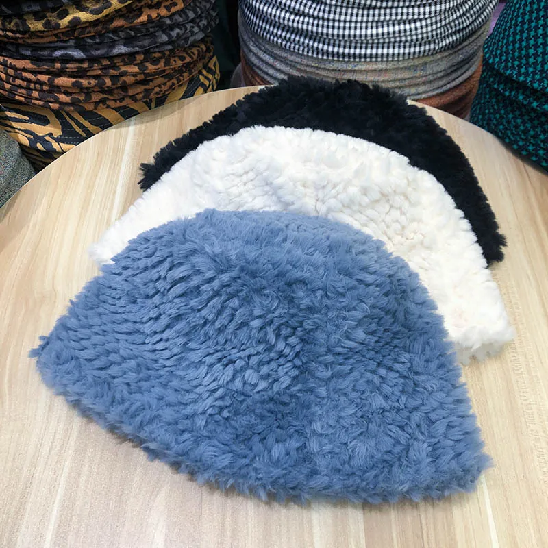 

шапка Lamb Wool Bucket Hat Winter Warm Hats for Women Lady Thicken Flat Top Cap Panama Outdoor Fisherman Hat Vintage Breathable