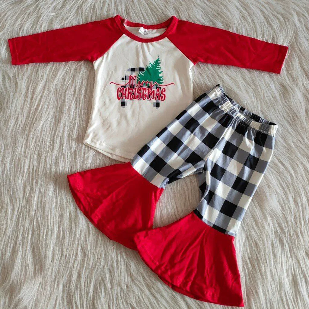 

Christmas kids long sleeve outfit girls fashion red christmas truck plaid set children cute cartoon outfit with high quality