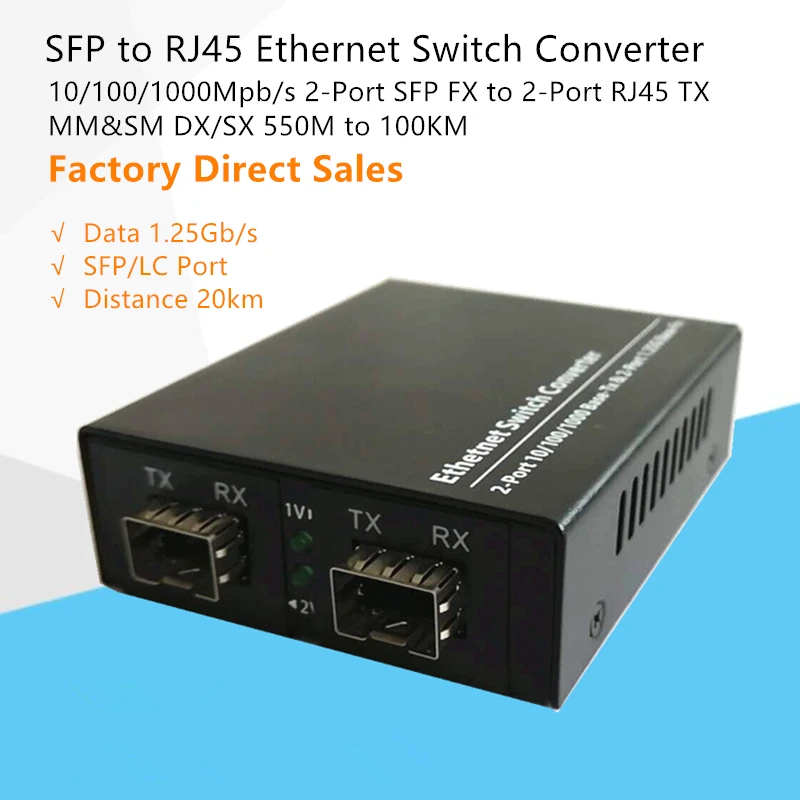 Волоконно оптический медиа конвертер GoFibereasy SFP на RJ45 выключатель Ethernet с 2 портовым