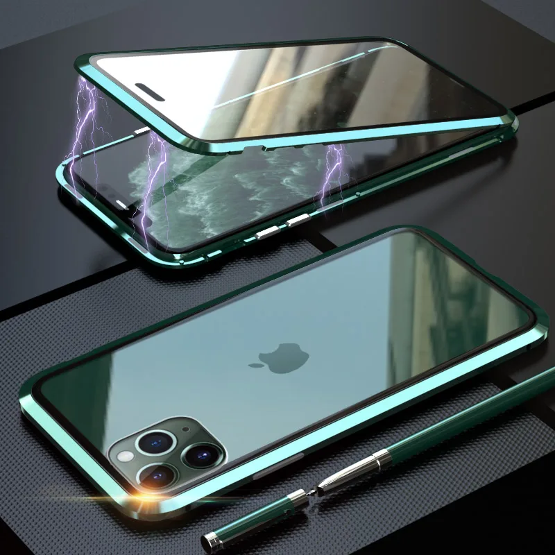 green Магнитный чехол для apple iphone 11 pro max 360 Защита двухстороннее закаленное стекло чехол для iphone 11 pro чехол на iphone 11 i phone11 металлический магнит Адсорбция Filp Coque fundas - Цвет: green