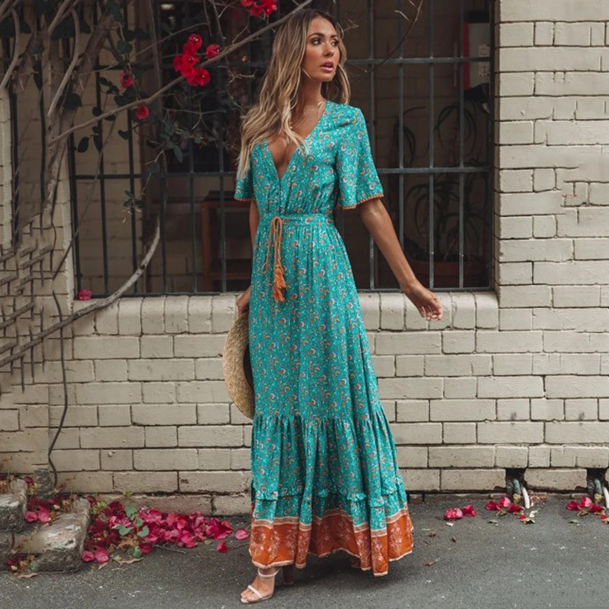 

Jastie Vintage Print Maxi Dress Waist tie Ruffle Hem Boho Dresses Women Beach Long Dresses V-Neck Short Sleeve Summer Dress 2020