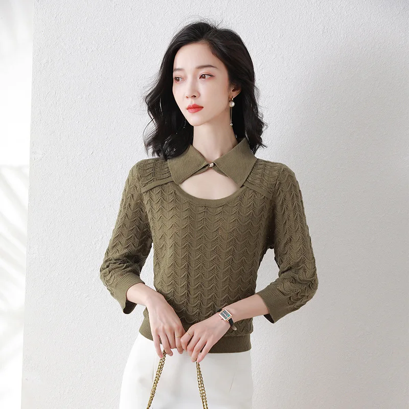 

58257 Women Knitted Sweater Temperament Elegant Office Ladies Confident Casual Polo Collar Slim Fit Three Quarter Sleeve Tops
