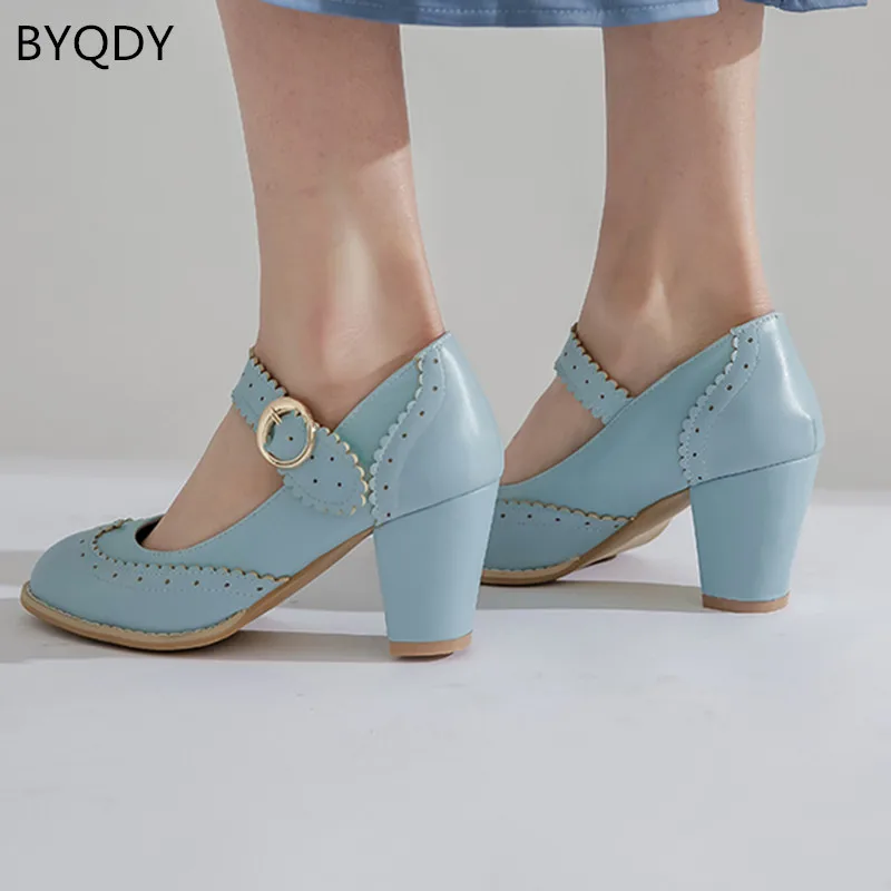 

BYQDY Plus Size Blue Women Mary Janes High Heels Pumps Spring Buckle Strap Lolita Shoes Lady Office Work Shoes Thick Heels Pumps