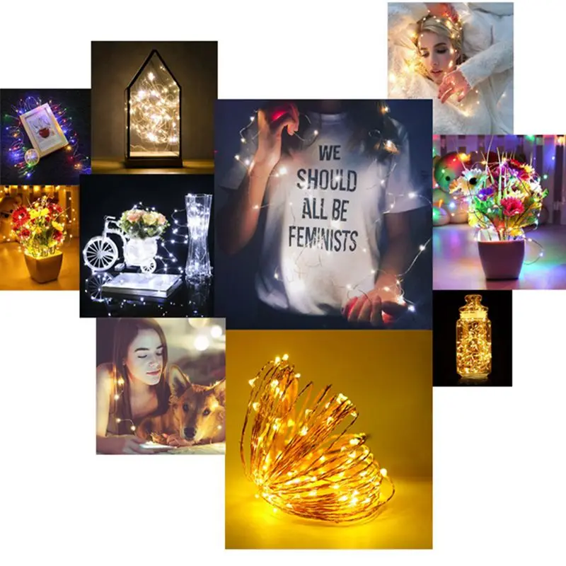 Светодиодные Звездные огни Феи Серебряная медная проволока Кнопка батарея