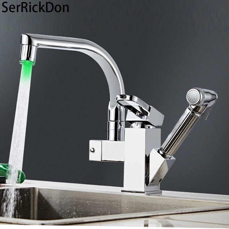 

Brushed Nickel LED Kitchen Faucet Pull Down Kitchen Tap 360° Rotatble Basin Faucet Hot Cold Mxer Tap Style Deck Installation