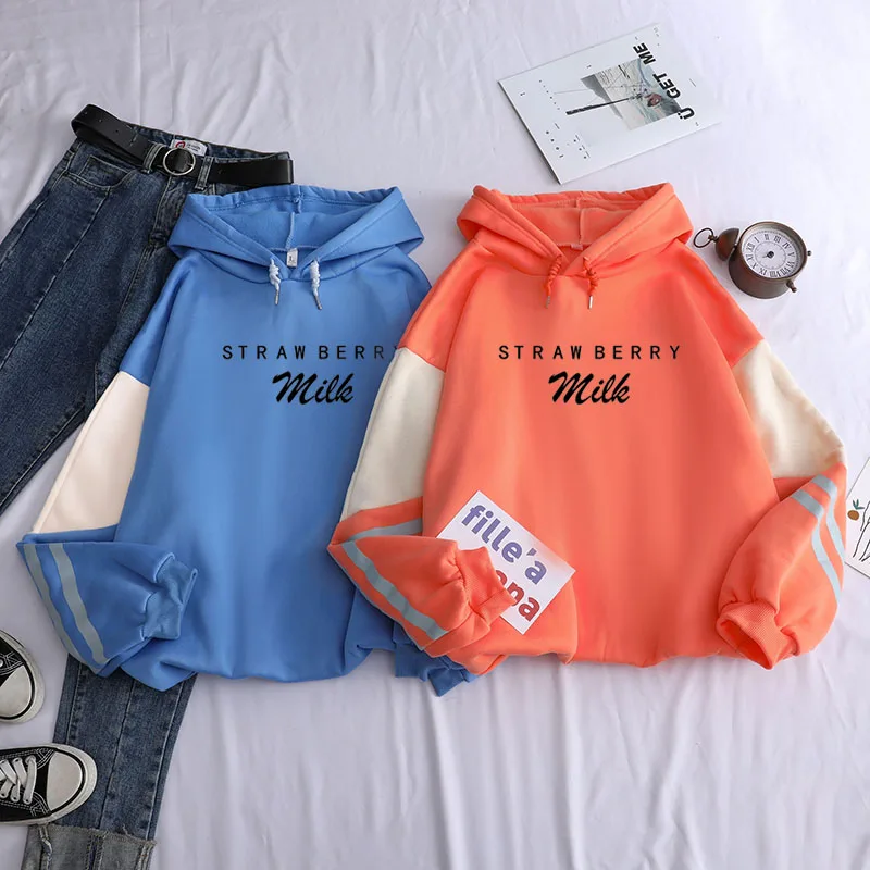 

Толстовка Женская в Корейском стиле, простые свободные худи с принтом клубники, молока, флисовая кофта в стиле Харадзюку