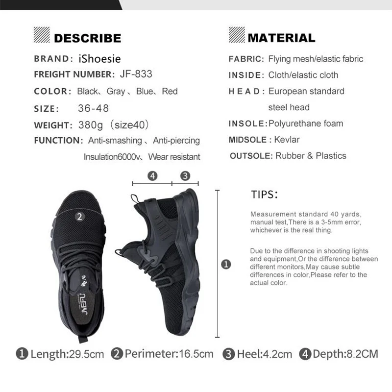 

Indestructible Men Work Safety Shoes Boots Puncture-Proof Light Breathable Sport Casual Sneakers Steel Toe Shoes Plus Size 36-48