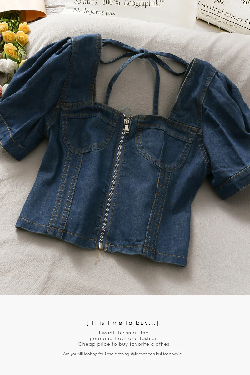 

Retro Denim Short-sleeved Shirt Female Design Short Sleeve Square Collar Short Tops Front Zipper Blouse Fit Beauty Back Summer