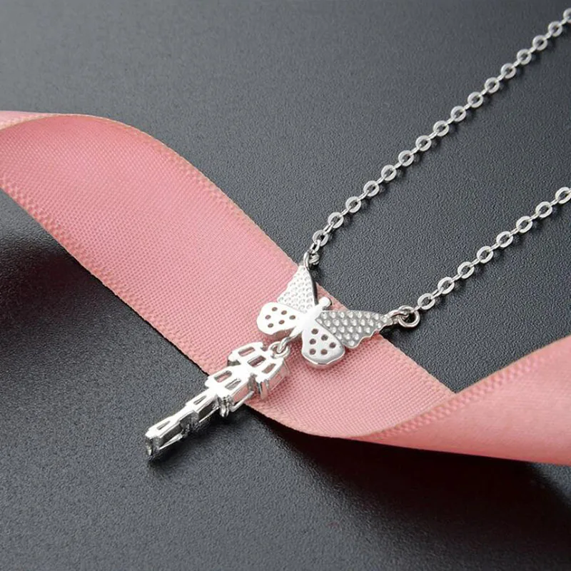 

925 Sterling Silver Sparkling Zircon Dancing Butterfly Pendant CZ Necklaces For Women Wedding Fine Jewelry