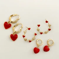 zn fashion dainty red heart pendant huggie hoop earrings for women girls minimalist gold color charm earring jewelry gift