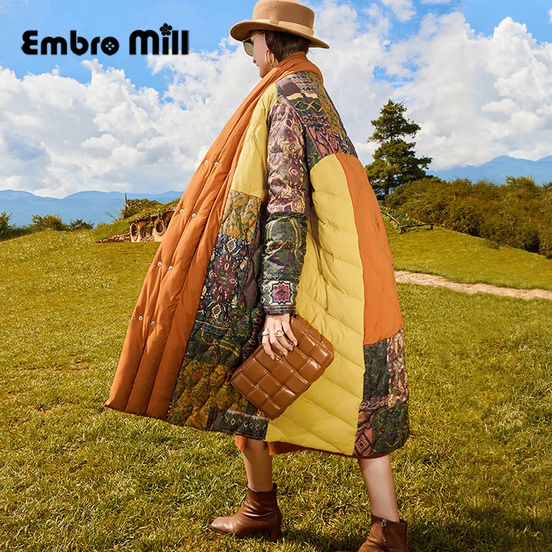 

Высококачественный комбинированный пуховик с принтом женская зимняя Новая Винтажная стильная Свободная белая утиная пуховая куртка средн...