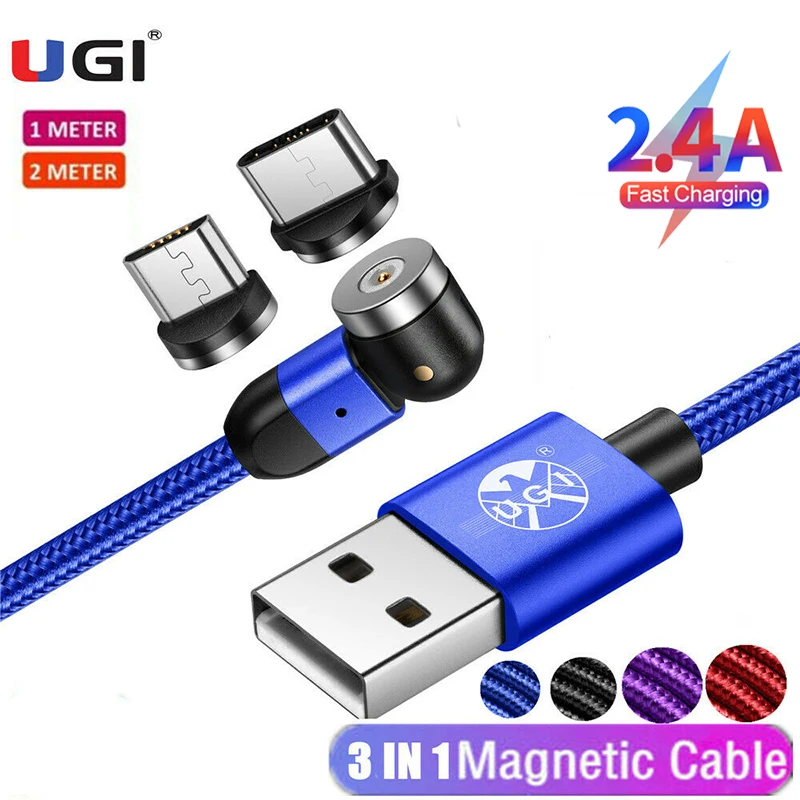 

UGI 1M/2M/3M Magnetic Cable 2.4A Fast Charging Charger 540° 180° 360° Rotating Micro USB Type C USB C For Android Tablet laptop