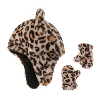 leopard print baby hat gloves plush thick warm kids girl boy bonnet hat ear protection children toddler beanie cap mittens