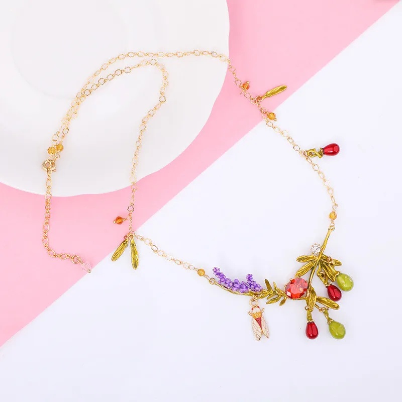 

2021 New Handmade enamel lavender olive pendant women necklace