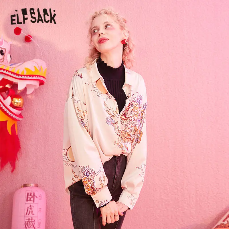 ELFSACK Женская Желтая атласная блузка с принтом единорога зима 2020 шифоновые