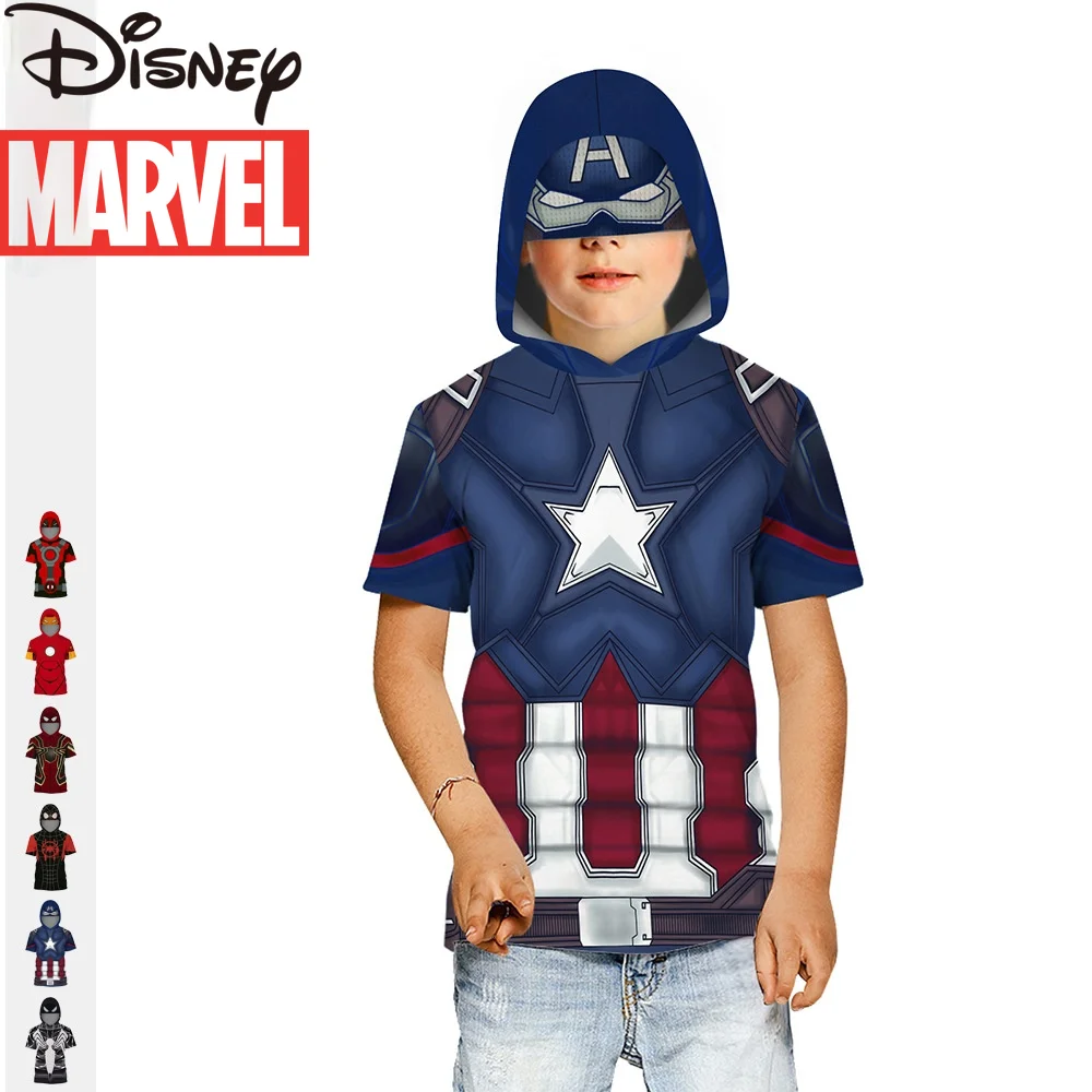 

Marvel Avengers Captain America Spider-Man Digital Print Boys Costume Hooded Short Sleeve T-shirt