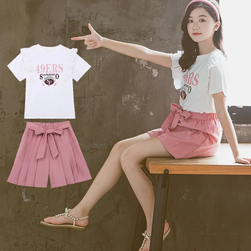 

Летние костюмы Ciaoxlinyoung для девочек-подростков, 2 шт./компл., с кружевными рукавами с надписью, новинка 2021, модные стильные топы с надписью, шор...