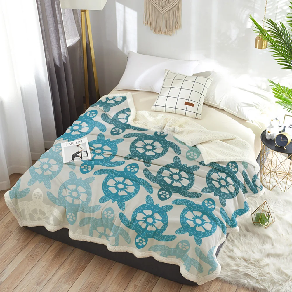 Коралловое синее морское черепаховое зеленое белое одеяло с цветочным рисунком