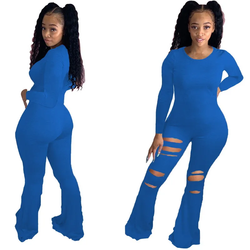 

HIRIGIN Jumpsuits 2020 Sexy Women Autumn Style Long Sleeve One-piece O-neck Solid Color Holes Long Flared Pants Bell Bottoms