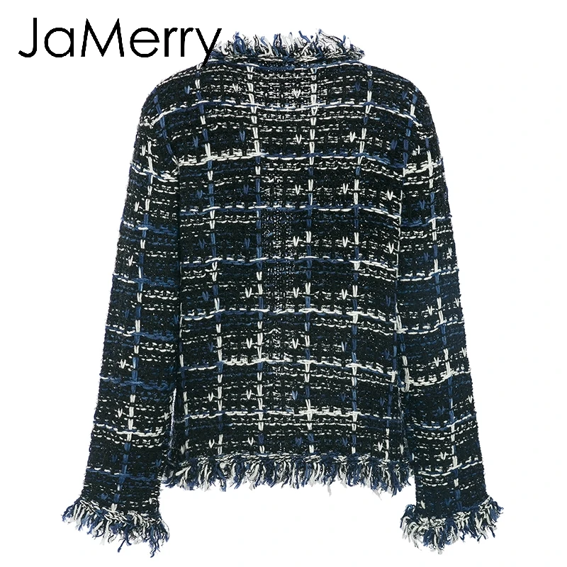 JaMerry Vintage winter plaid knitted women office cardigan coat Autumn female warm navy blend blazer Tassel jacket outwear mujer