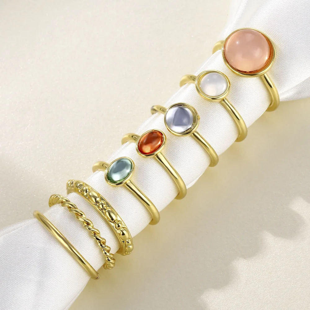 

2021 New Fashion 8pcs Vintage Summer Sliver Colour Set Fairy Colorful Stone Metalic Finger Rings Korea Hit PartyGift Jewelry