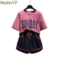 casual loose summer 2 pieces shorts set women student simple joker letter t shirt short pants sets lady sports running clothing