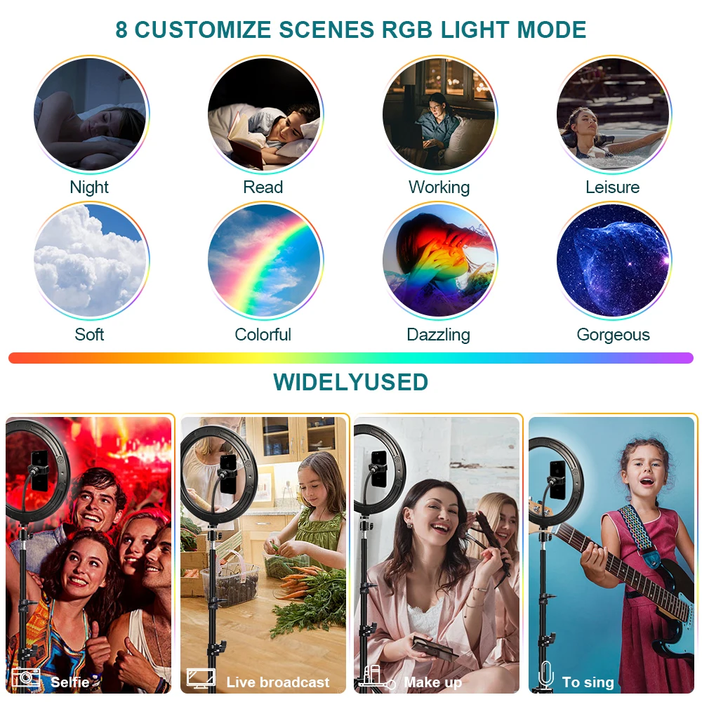 10inch26cm ring lamp rgb colorful led ring light with tripod stand rainbow with phone clip for vlogging short video youtube free global shipping