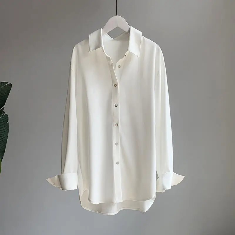 

2021 Autumn Women Solid Color Shirt Women Long Sleeve Shirts Elegant Office Lady Satin Blouse Plus Size Basic Shirt Tops Q358