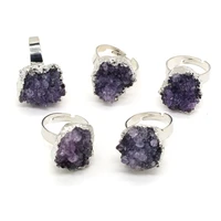 natural raw stone purple amethyst druzy rings reiki healing adjustable crystal quartz ring party gift for women fashion jewelry