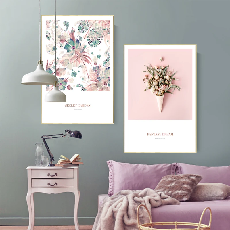 Скандинавские розовые цветы животные птицы холст украшение картина без рамки