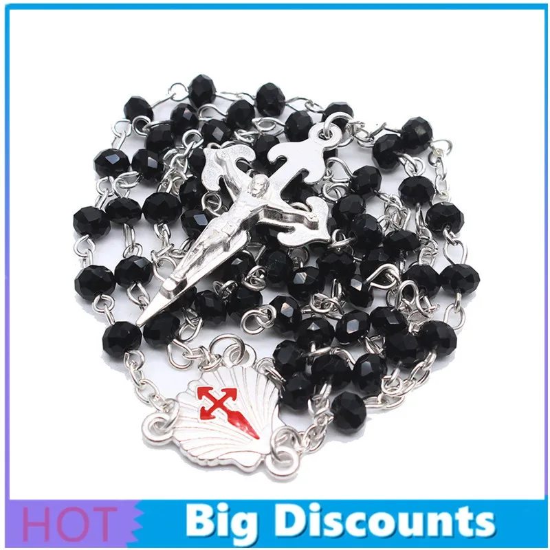 

New Fashion Catholic Unisex Religious Gifts Red Cross Black Round Bead Jesus Rosary Necklace