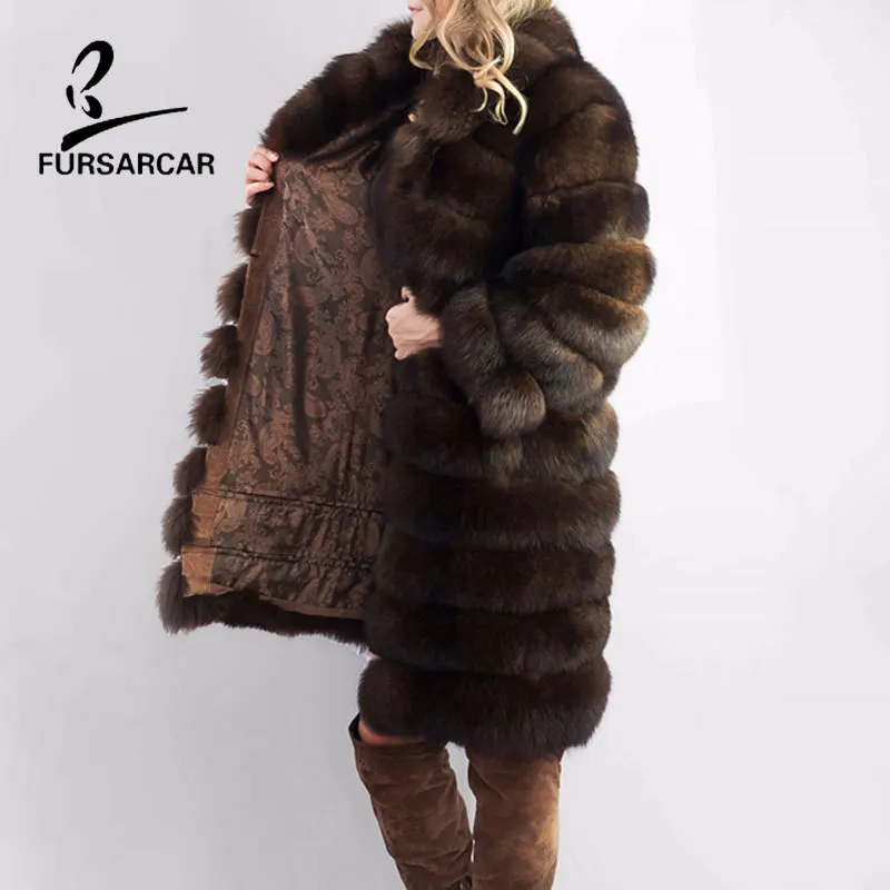 FURSARCAR отстегивающееся натуральное меховое пальто для женщин, зимнее плотное пальто из лисьего меха с большим меховым воротником, роскошная полоска из натурального меха соболя