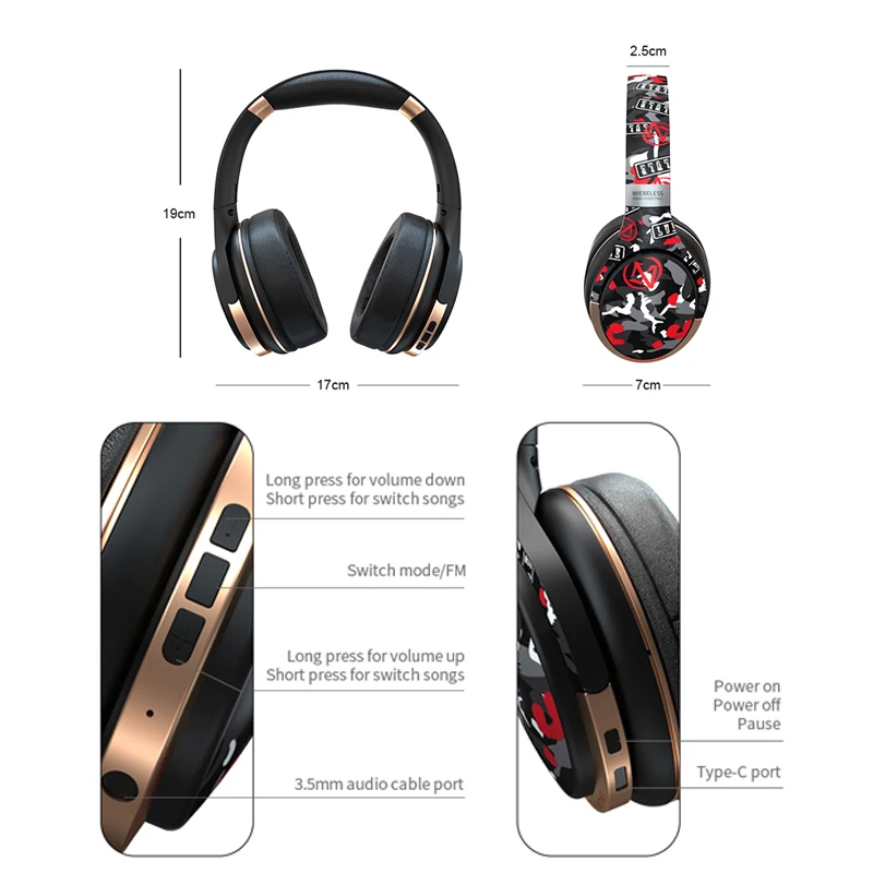 

McGeSin Wireless Headphones Hand-Painting Style Bass Music Earbud Bluetooth 5.0 Sport Headset Support TF Card With 20H Play Time