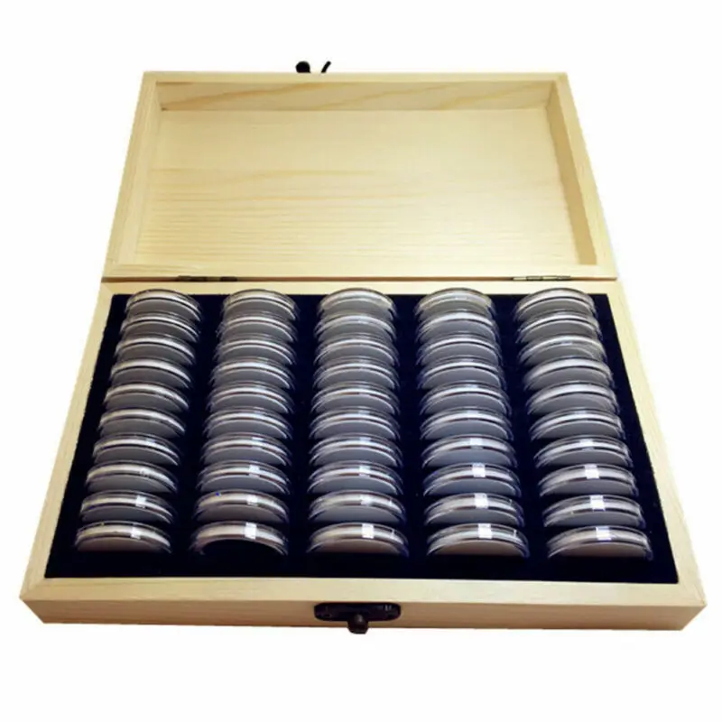 

50pcs Round Wood Coins Display Storage Box Collectible Case for Certified Coin Commemorative coin protection box 21x4x13cm