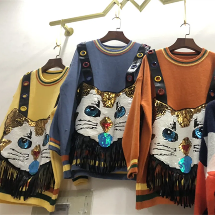 

Oversized Autumn and Winter Cartoon Sweater Cat Pullover Sweater Loose Ethnic Style Women's 2021 Women's plus size Clothing Top