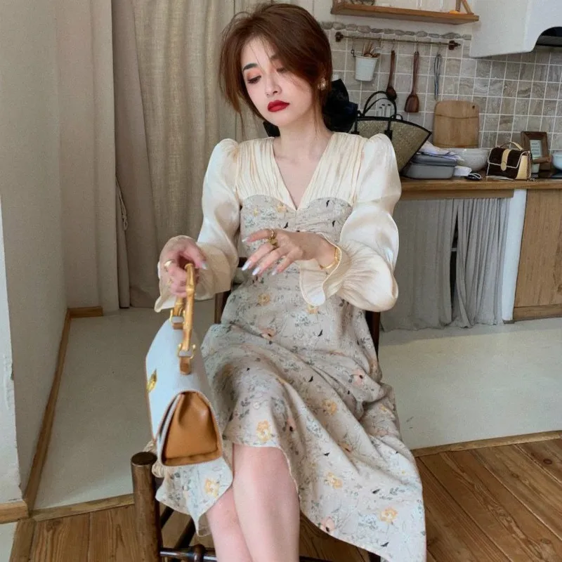 

Elegant Stitching Printed French Dress 2021 New Spring Autumn Retro Waist Gentle Wind Long Sleeve Middle Long Dresses Y217