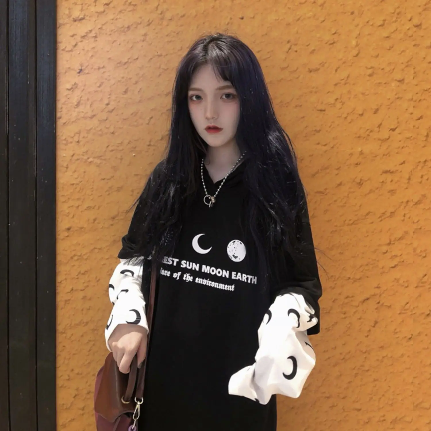 Harajuku уличная Винтажная Футболка для женщин, одежда, осень, корейский Ulzzang, с принтом, с капюшоном, Футболки женские, полный поддельные два топа
