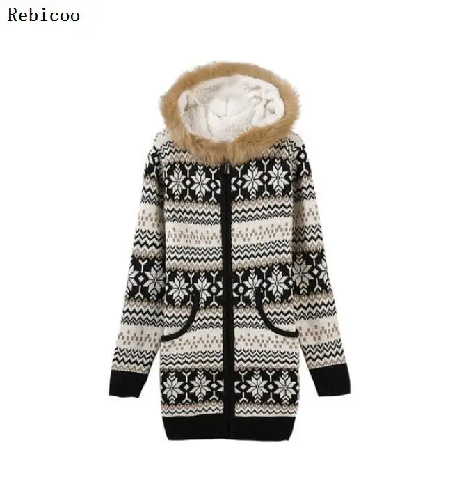 Women thick Fleece Knitted Hooded Cardigans snowflake Crocheted Sweaters Coat Slim Long Sleeved Thickening Velvet Winter Tops |