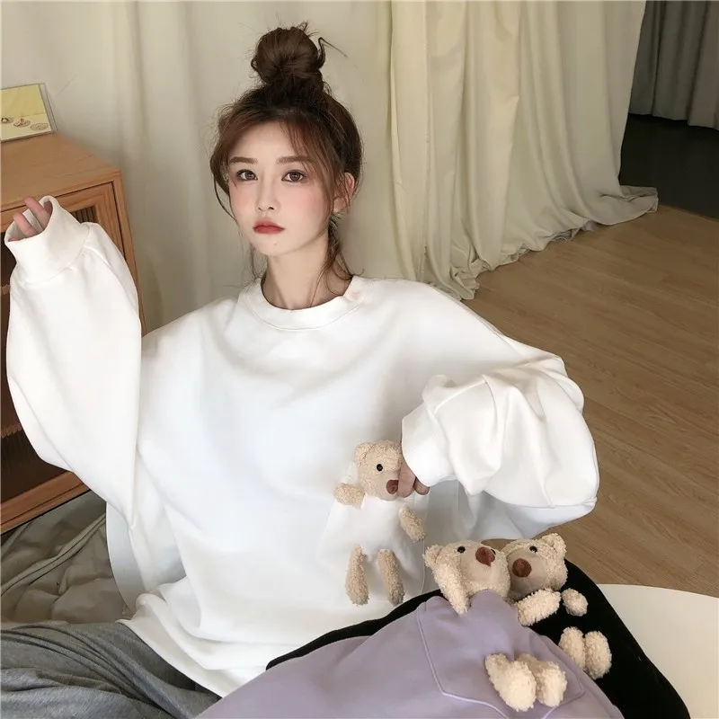 Harajuku Chic Crewneck Women Sweatshirt Pullover Hoodies Solid Color Oversized Bear Female Clothes Loose Cute Kawaii Sweetshirt