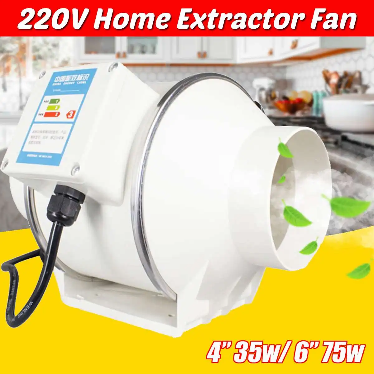 

4"6" 220V Exhaust Fan Home Silent Inline Pipe Duct Fan Bathroom Extractor Ventilation Kitchen Toilet Wall Air Cleaning