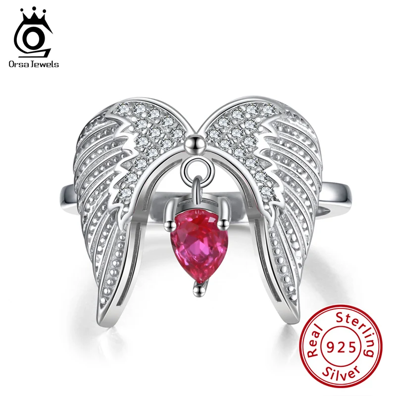 

ORSA JEWELS 925 Sterling Silver Angel's Wings Ring with Big Shiny CZ Stone Rings for Women Fashion Finger Rings Jewelry SR266