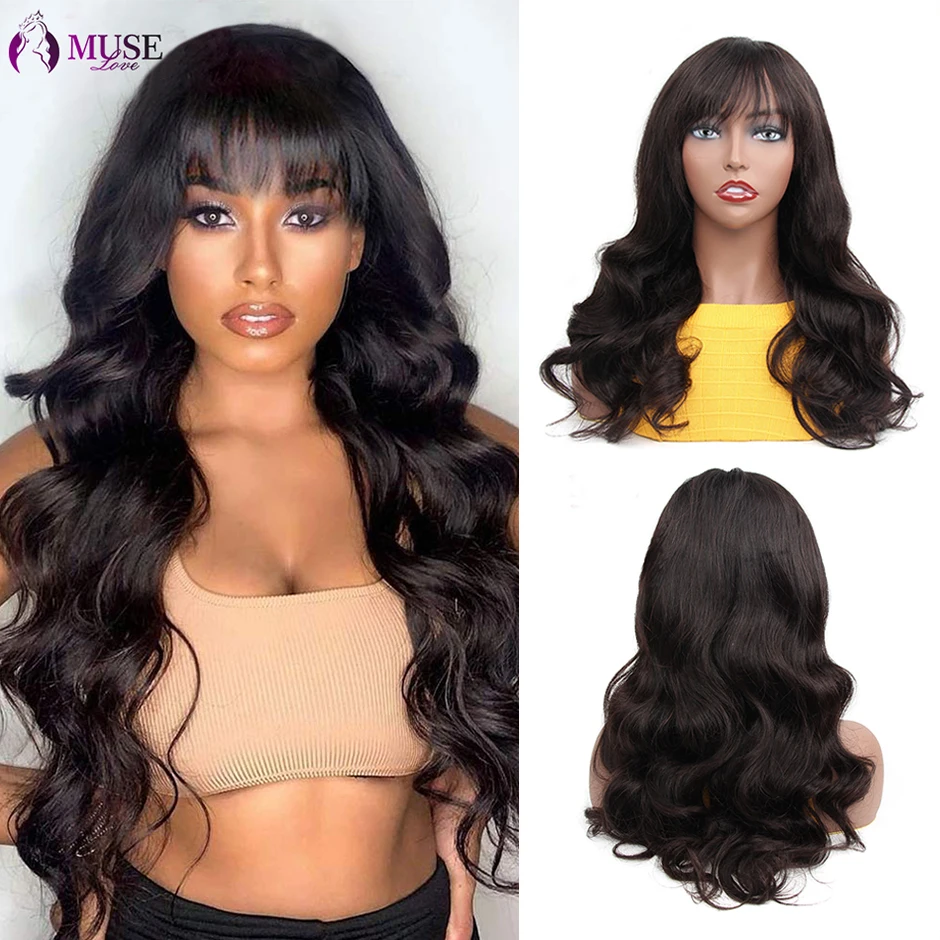 MUSE LOVE Body Wave Human Hair Wigs With Bang 180% Full Machine Made Peruvian Human Hair Wigs For Black Women 28 inch Fringe Wig