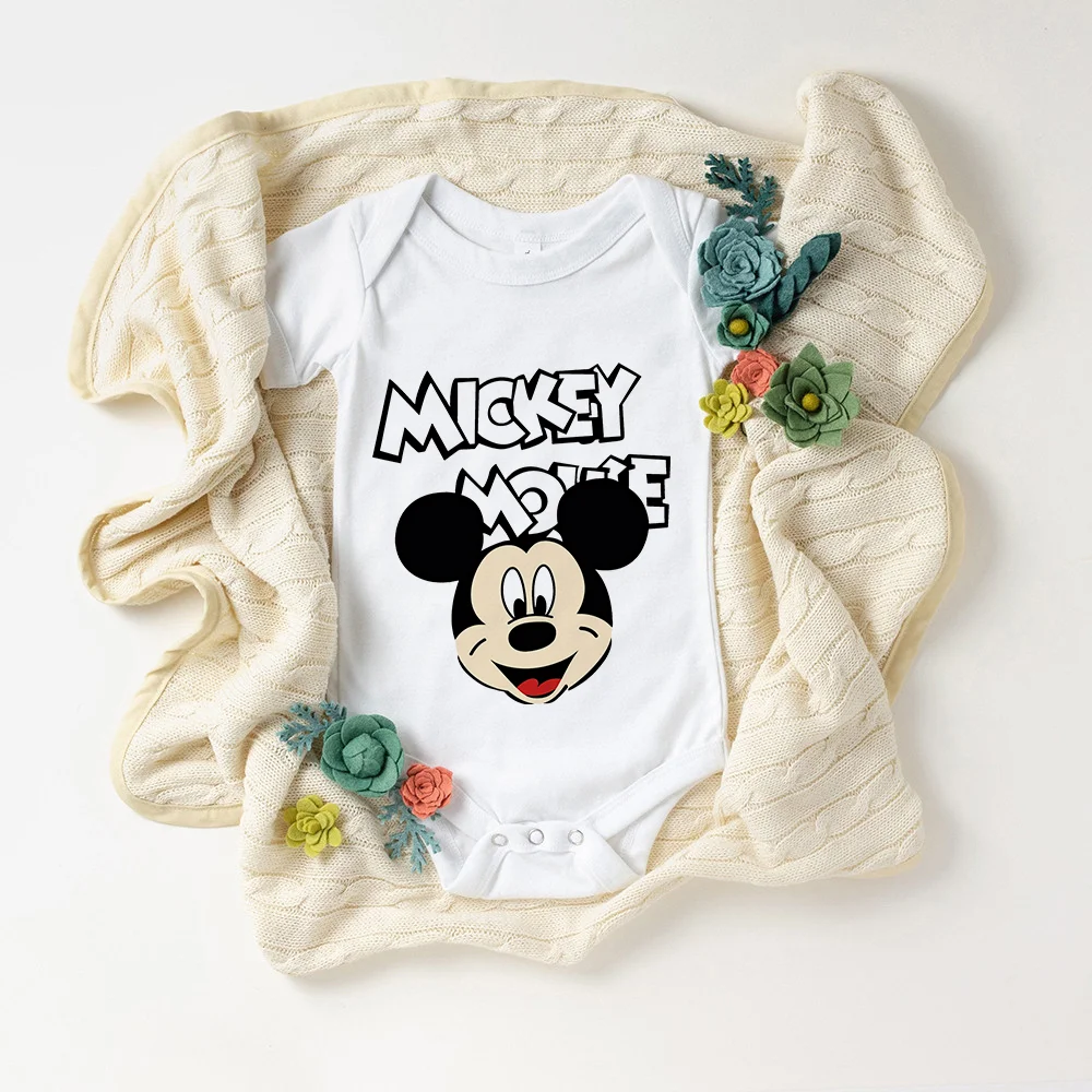 

Hot Sale Disney Baby Clothes Summer Short Sleeve Mickey Mouse Printed Kawaii Bodysuit For Newborn Infant Harajuku Soft Jumpsuit