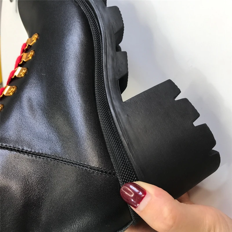 Real Leather Black Ankle Boots Women Round Toe Mixed Color Pearl Rivet High Heel Boots Woman Fashion Martin Boots